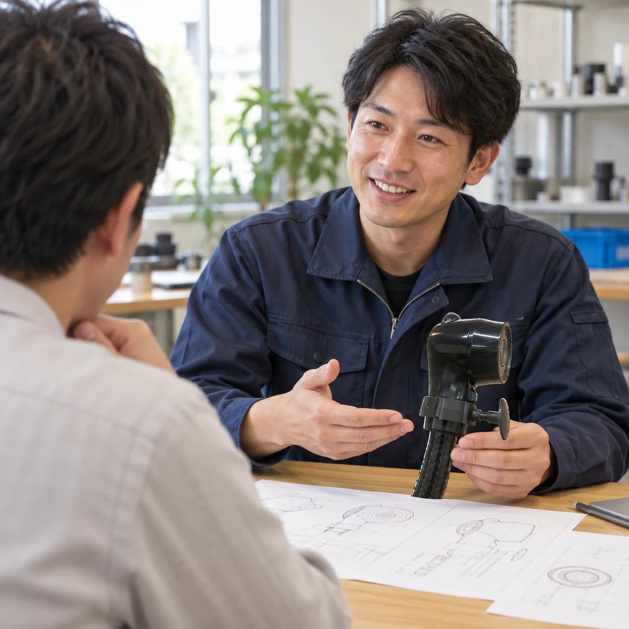 ザブリナと参考資料を囲み、お客様のイメージを笑顔で聞く社員
